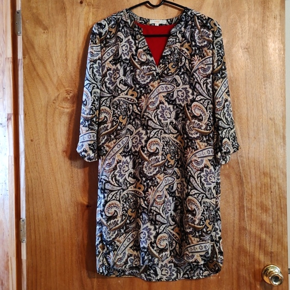 Orange Creek Chiffon Boho Shift Dress Black Gold Paisley Red Lining ¾-Sleeve L